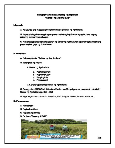 Sektor ng Agrikultura Banghay Aralin sa Araling Panlipunan IX.